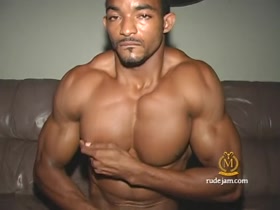 Muscle Hunk's Huge Swollen Pecs while he works his Cock